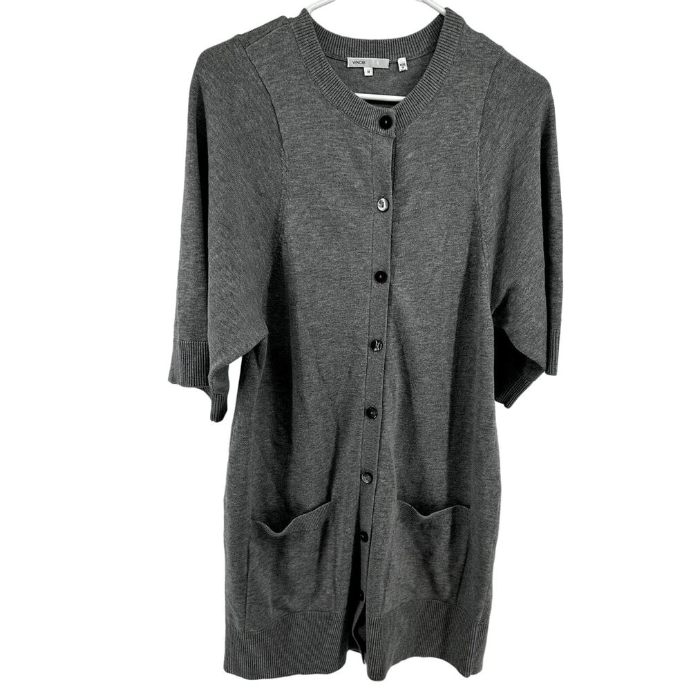 Vince Button Up Sweater Dress Cardigan 3/4 Sleeve Pockets Cashmere Gray Medium